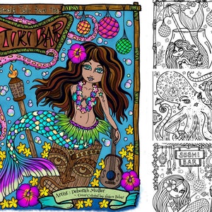 May include: A mermaid with long brown hair and a green and blue tail sits on a tiki idol. She is holding a ukulele and wearing a flower lei. The background is blue with pink and yellow flowers. The text "Mermaid Tails from the Tiki Bar" is at the top of the image.