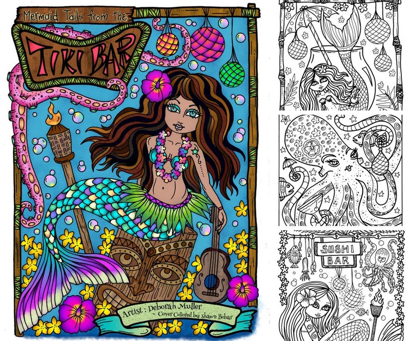 May include: A mermaid with long brown hair and a green and blue tail sits on a tiki idol. She is holding a ukulele and wearing a flower lei. The background is blue with pink and yellow flowers. The text "Mermaid Tails from the Tiki Bar" is at the top of the image.