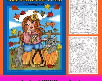 FALL Gals and Puppy Pals PDF Coloring book. Fun Fall coloring. Hand drawn. Autumn scenes.