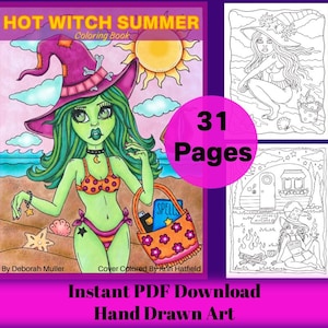 May include: A coloring book cover featuring a green witch with pink and purple hair wearing a witch hat and a bikini. The witch is holding a beach bag with the word "SPELLS" on it. The cover also features a sun, clouds, and a beach scene. The title of the book is "HOT WITCH SUMMER Coloring Book". The text "31 Pages" is in a pink circle. The text "Instant PDF Download Hand Drawn Art" is at the bottom of the cover.
