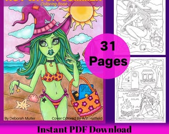 HOT WITCH SUMMER pdf Coloring book. Fun and whimsical coloring. Hand drawn. 31 unique Summer witches having fun!