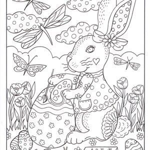 BUNNY LOVE 10 digital coloring pages, downloads, digi stamps, color pages, Easter coloring, fun coloring, spring coloring. image 2