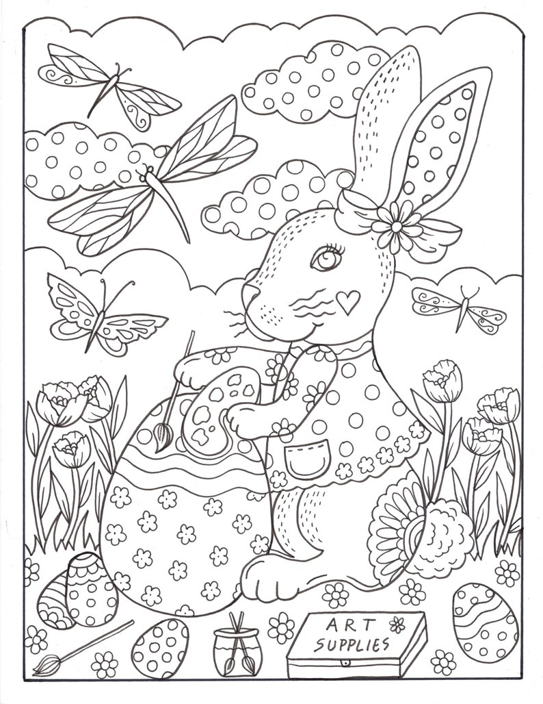 BUNNY LOVE 10 digital coloring pages, downloads, digi stamps, color pages, Easter coloring, fun coloring, spring coloring. image 2