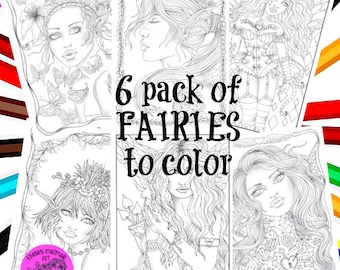 May include: Six black and white coloring pages featuring fairies with intricate details. The text "6 pack of FAIRIES to color" is in the center of the image.