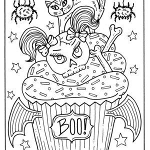 5 Pages Halloween Cupcakes to Color Instant Download, digital art, digi stamp, adult coloring, color pages, spooky, witch, coloring book image 5
