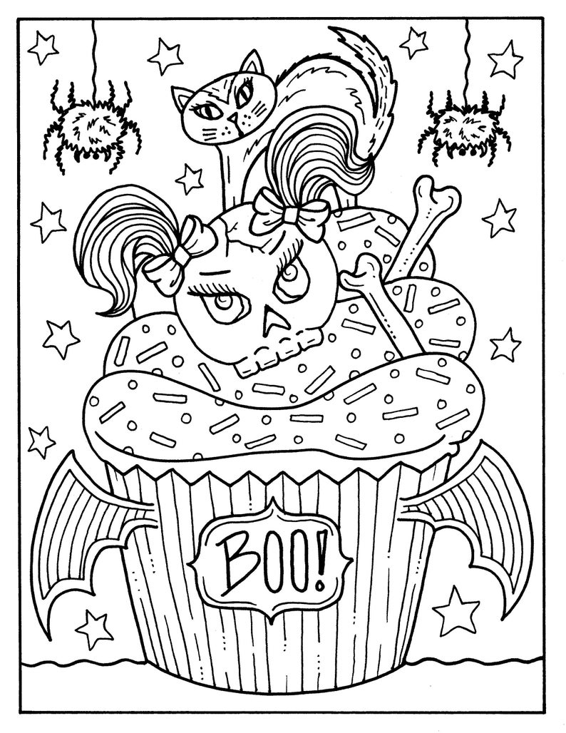 5 Pages Halloween Cupcakes to Color Instant Download, digital art, digi stamp, adult coloring, color pages, spooky, witch, coloring book image 5