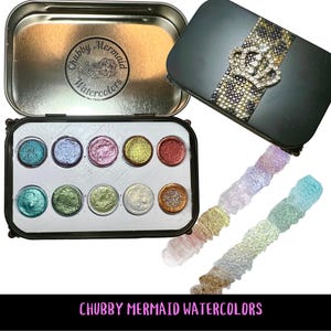 ROYALTY 10 pan set of Mica Watercolors.  Colorshift, Pearls, sparkles. Handmade watercolors in a cute case. Watercolors made by an artist.