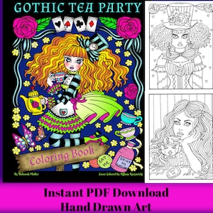 May include: A coloring book cover featuring a gothic tea party theme. The cover shows a girl with long, curly, orange hair wearing a black and white striped dress and a top hat. She is holding a teacup and teapot. The background is black with flowers, butterflies, and playing cards.