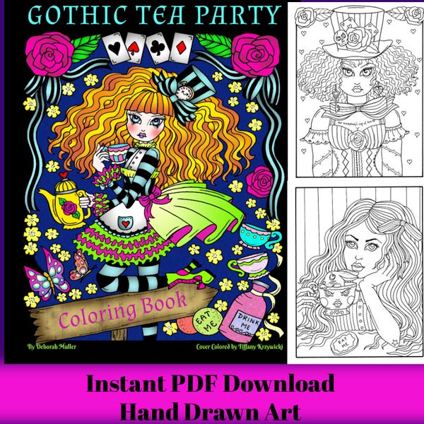 A MAD TEA PARTY Digital Coloring Book Alice in Wonderland style, tea parties, animals and magic