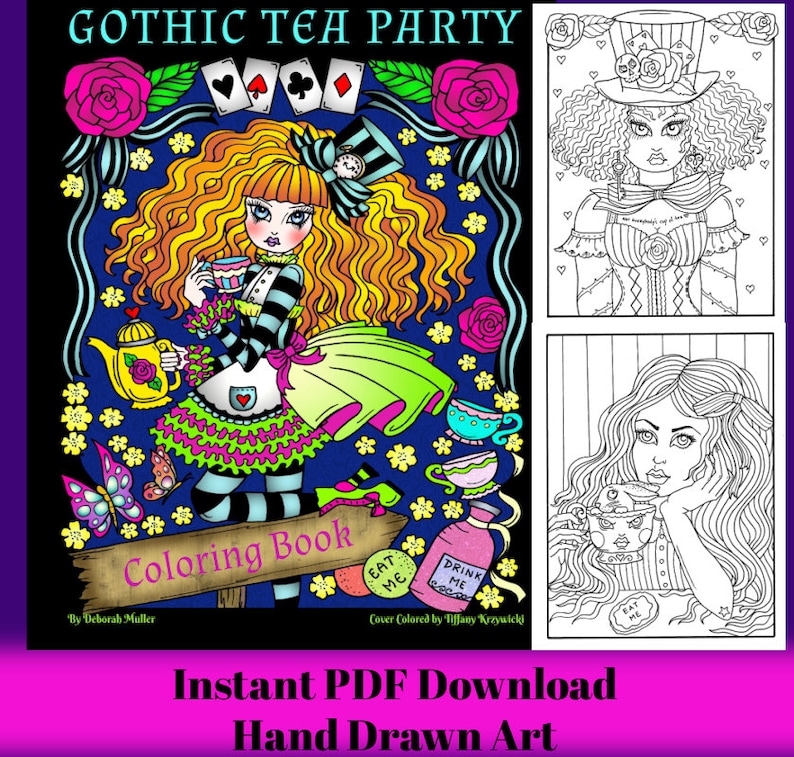 A MAD TEA PARTY Digital Coloring Book Alice in Wonderland style, tea parties, animals and magic image 1