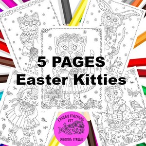 5 Pages of Easter Kitty Cats ready for Easter Sunday. Cat, animal, adult coloring pages, digital, intstant download.
