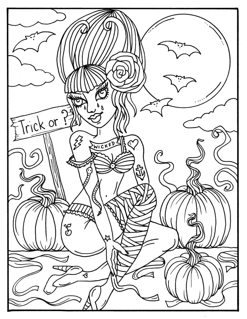 Halloween Goulish Pin Up Girls To Color Adult Coloring Book Etsy