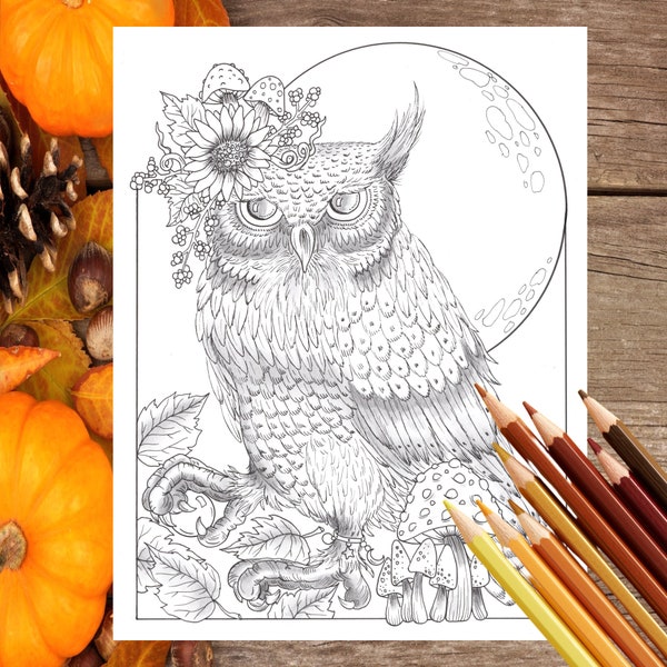 FALL Owl PDF to color. Digital coloring page for fall coloring. Print, color and have fun!