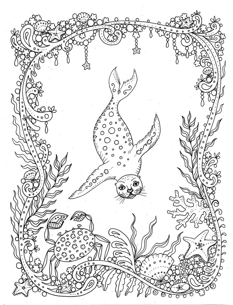 Download Coloring page Fantasy Seal You be the Artist Color Page for Adults/digital/digi coloring/digi stamp image 1