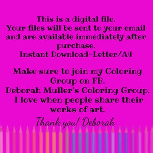 Pu&ograve; includere: Uno sfondo rosa acceso con testo nero che recita "This is a digital file" e "Instant Download-Letter/A4". Il testo menziona anche un gruppo di colorazione e ringrazia lo spettatore. Una fila di matite colorate &egrave; in basso.
