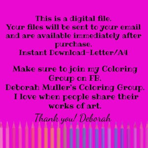 May include: A digital file announcement on a vibrant pink background. Text includes details about instant downloads, joining a coloring group, and a thank you message. A row of colorful pencils is at the bottom.