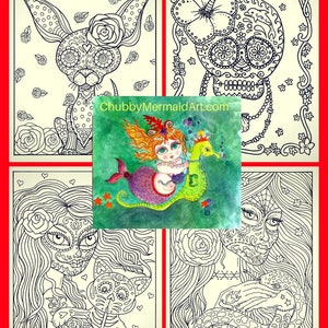 May include: A set of four printable coloring pages featuring Day of the Dead inspired designs. The designs include a skull with a flower, a mermaid with a seahorse, a woman with a cat, and a chihuahua. The designs are all in black and white and are ready to be colored.
