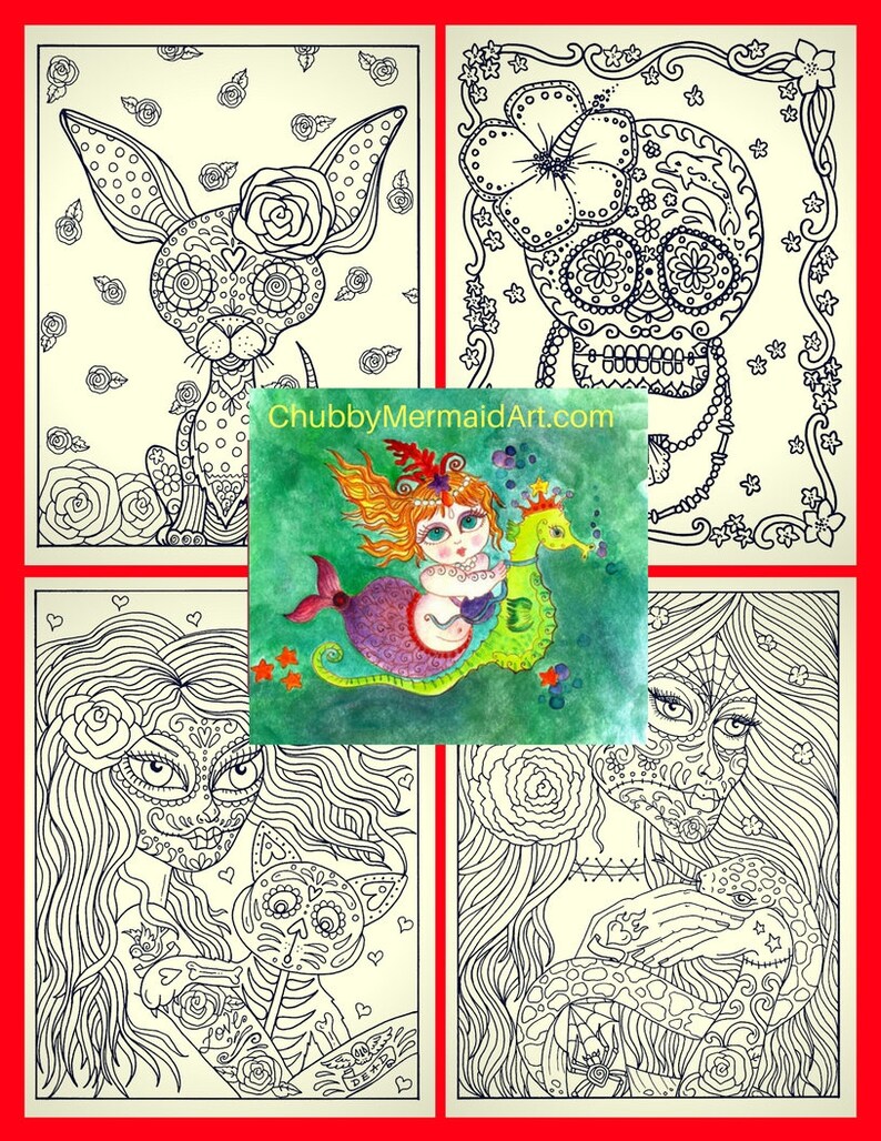 May include: A set of four printable coloring pages featuring Day of the Dead inspired designs. The designs include a skull with a flower, a mermaid with a seahorse, a woman with a cat, and a chihuahua. The designs are all in black and white and are ready to be colored.