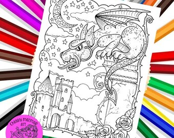 Gargoyle Instant download, adult coloring, digital pages, fantasy art, coloring fun