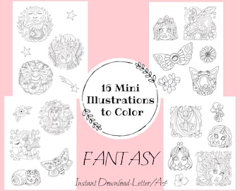 FANTASY Mini Illustrations to color. 16 tiny images, 4 pages, Coloring Set. Coloring fun for all ages. Instant Download.