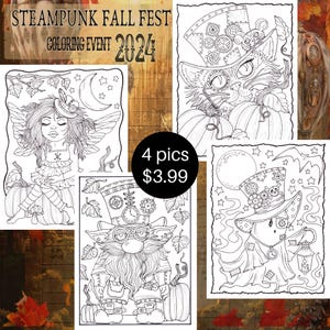 Wydarzenie STEAMPUNK HALLOWEEN 2024. 4 strony do pokolorowania Sprawdź wydarzenie na FB w Monarch Coloring Events. Pakiet Steampunk, kolorowanki.