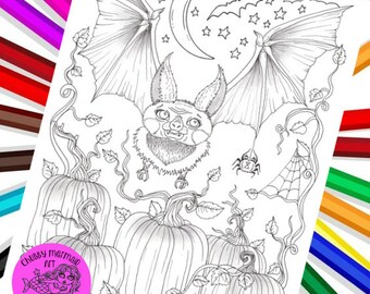 Cute little bat coloring page. Halloween coloring fun. PDF pages, instant downloads, fall coloring, moon, bats.