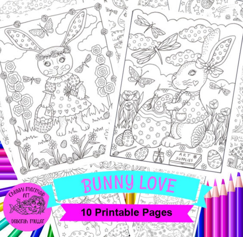 BUNNY LOVE 10 digital coloring pages, downloads, digi stamps, color pages, Easter coloring, fun coloring, spring coloring. image 1