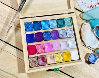 DELUXE BOX SET of 24 Half Pans. Wood box, sparkly and fun!  Handmade Professional Watercolors.