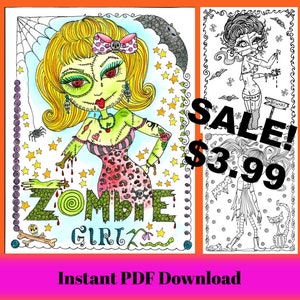 ZomBie GiRLS PDF Adult Coloring Book for you to color and be the Artist. Have some Zombie coloring fun Halloween. image 1