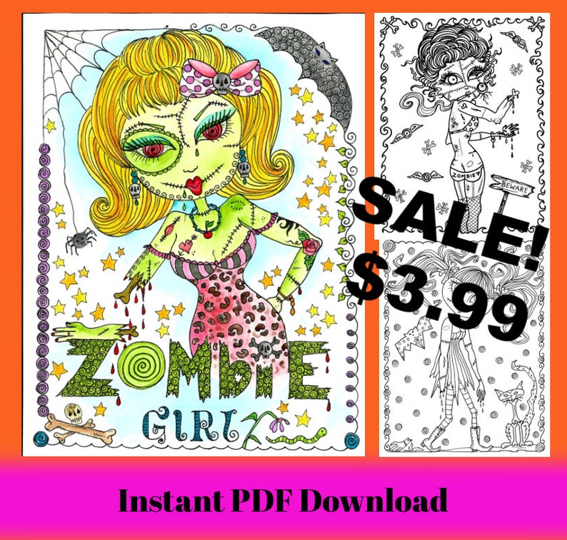 ZomBie GiRLS PDF Adult Coloring Book for you to color and be the Artist. Have some Zombie coloring fun Halloween. image 1