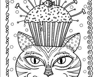 Instant Download Cat and Cupcake Art Coloring Page Cute Fun Funky Art to Color digii stamp animal