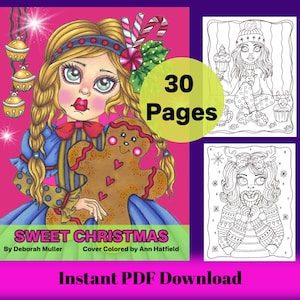 Sweet Christmas PDF Coloring book. Fun and whimsical Christmas coloring. Hand drawn. 30 pages!