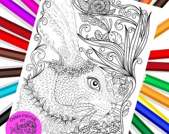 Digital Instant download Spring Bunny, adult coloring, fantasy art, coloring page, digi, digital pages, animal art