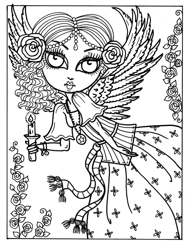 5 Pages Gothic Angels Digital Downloads Coloring Pages, Gothic, Angel, digi stamps, digi stamping, cardmaking, crafting, clip art image 5