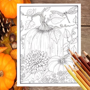 Pumpkins and dragonfly PDF Coloring page, fall, pumpkins, flowers