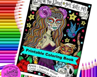 DIGITAL Book Day of the Dead girls, skulls and pets, coloring pages, color book, digi, adult coloring