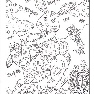 BUNNY LOVE 10 digital coloring pages, downloads, digi stamps, color pages, Easter coloring, fun coloring, spring coloring. image 4