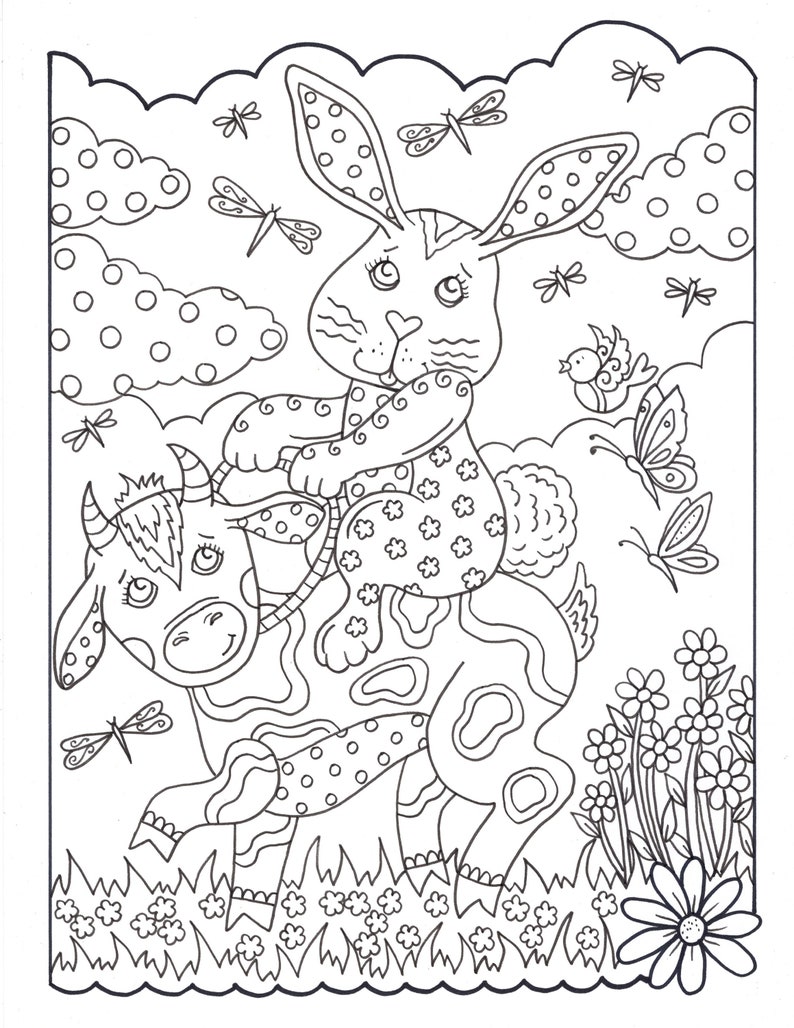 BUNNY LOVE 10 digital coloring pages, downloads, digi stamps, color pages, Easter coloring, fun coloring, spring coloring. image 4