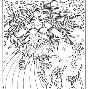 Downloadable Coloring Page Witch and Cats halloween Fun Coloring Books Adults/digital/digi/stamps/cat