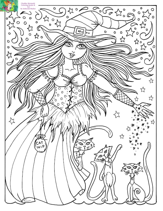 Downloadable Coloring Page Witch and Cats Halloween Fun Coloring Books  Adults/digital/digi/stamps/cat 