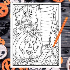 Witchy feet PDF Coloring page. Halloween Coloring fun. Pumpkin, witch, fall. Adult coloring page.
