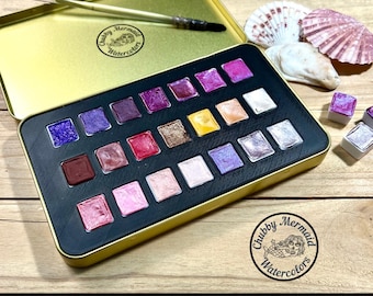 HALF PAN SUNSET Collection of 21 half pans in a gold case.  Handmade watercolor paints. Professional watercolors made by an artist.