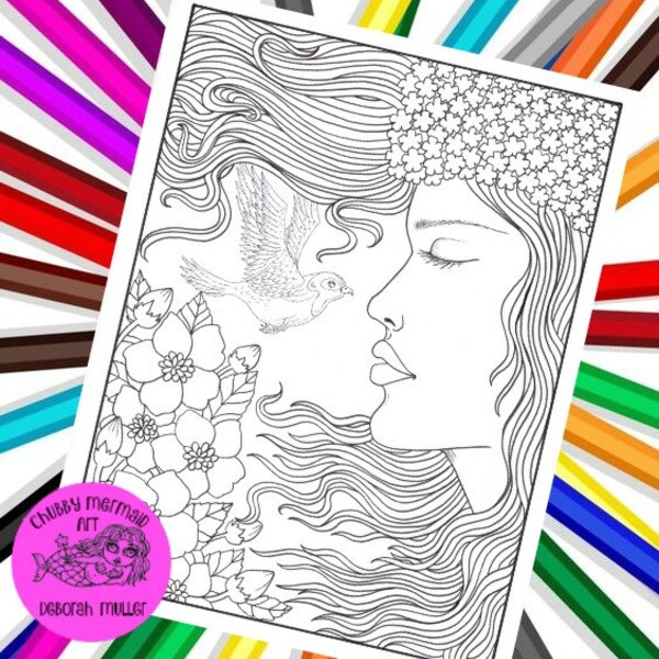 Fairy Hair Bird Girl, Instant download, digital coloring, coloring pages, fantasy art, fantasy faces, colouring