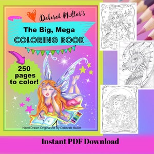 The BIG, Mega Book! 250 PDF pages of a variety of pictures to color. Fantasy, Christmas, Halloween, Spring, Summer... Hand drawn art.