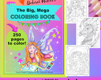 The BIG, Mega Book! 250 PDF pages of a variety of pictures to color. Fantasy, Christmas, Halloween, Spring, Summer... Hand drawn art.