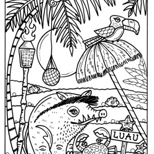 May include: A black and white line drawing of a tropical scene with a pig, a toucan, a palm tree, a crab, and a sign that says "LUAU".