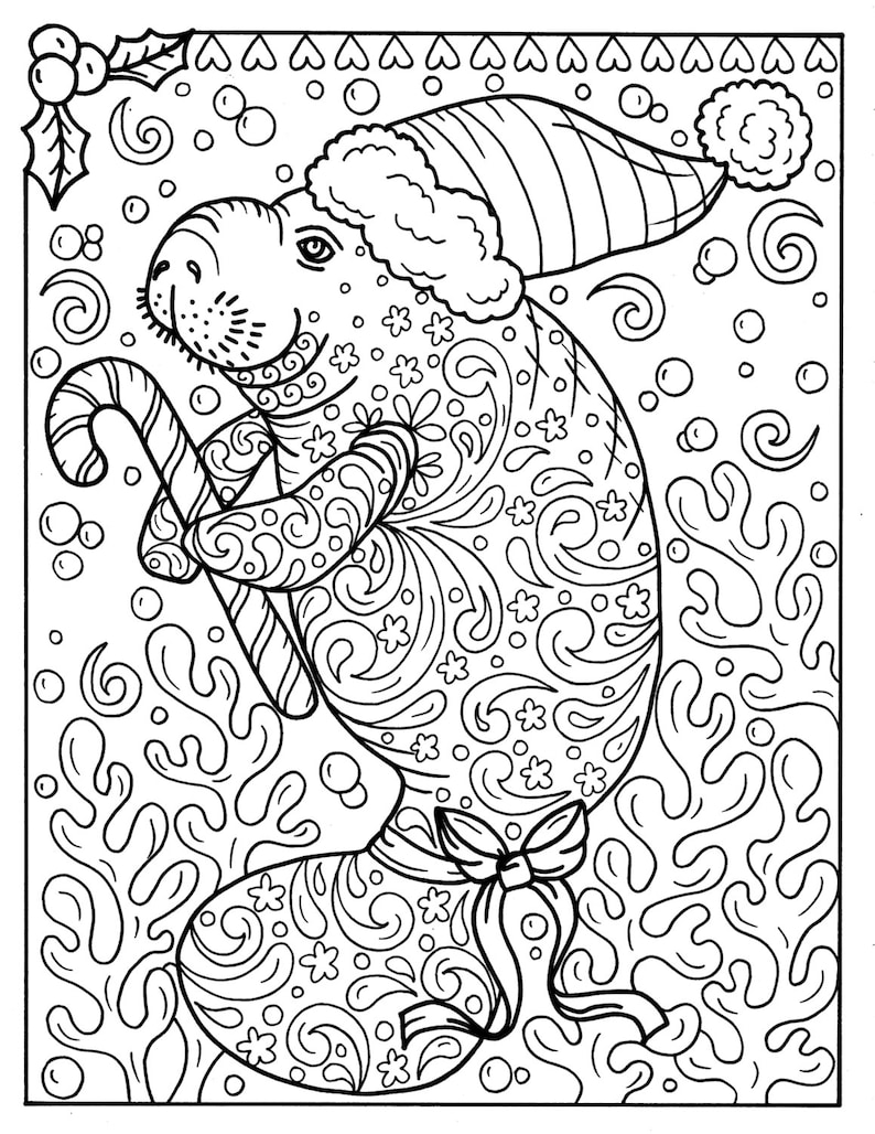 Download Manatee Christmas Coloring page Instant Download Adult | Etsy