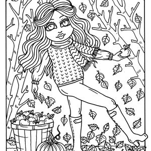 7 PAGES FALL Girls Digital Coloring pages digi, color page, instant download, printable, color book, halloween image 3