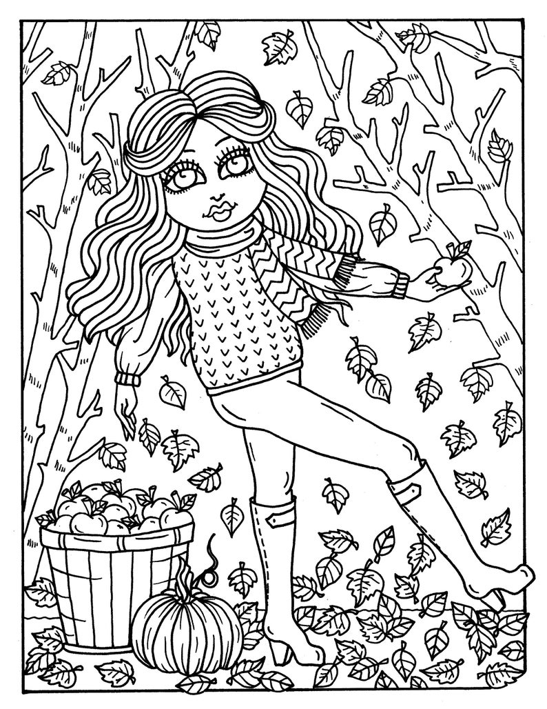 7 PAGES FALL Girls Digital Coloring pages digi, color page, instant download, printable, color book, halloween image 3