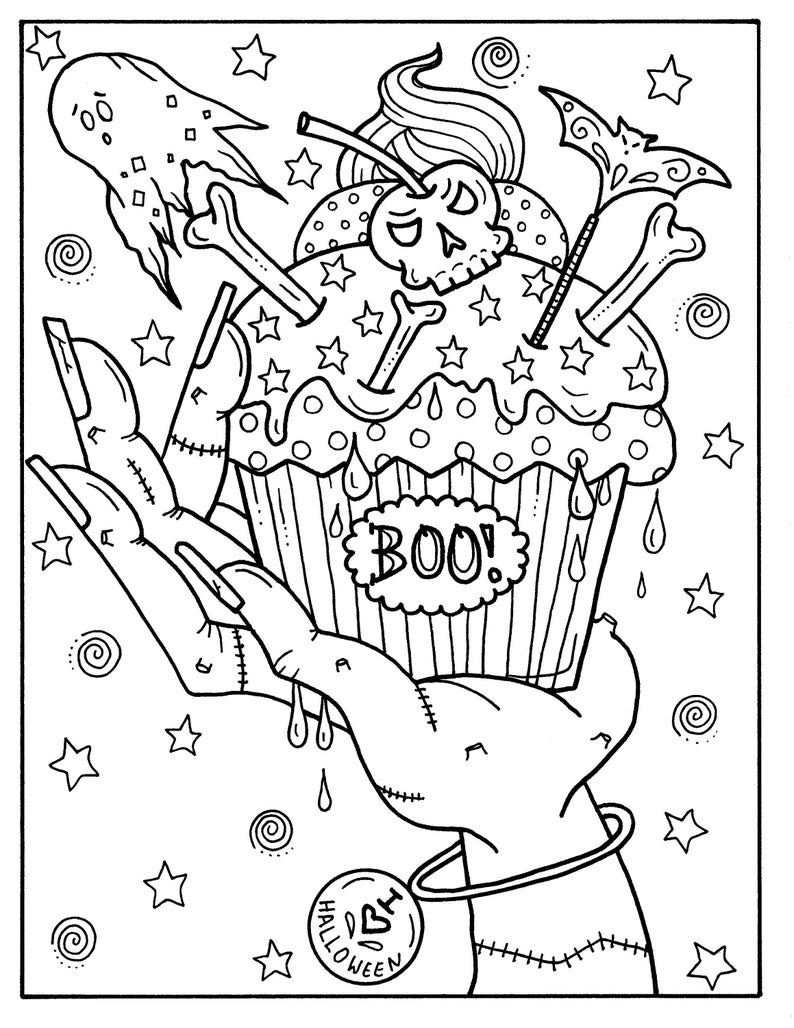5 Pages Halloween Cupcakes to Color Instant Download, digital art, digi stamp, adult coloring, color pages, spooky, witch, coloring book image 4